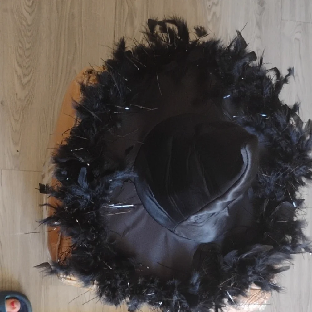 Black Witch Hat with Feather Trim